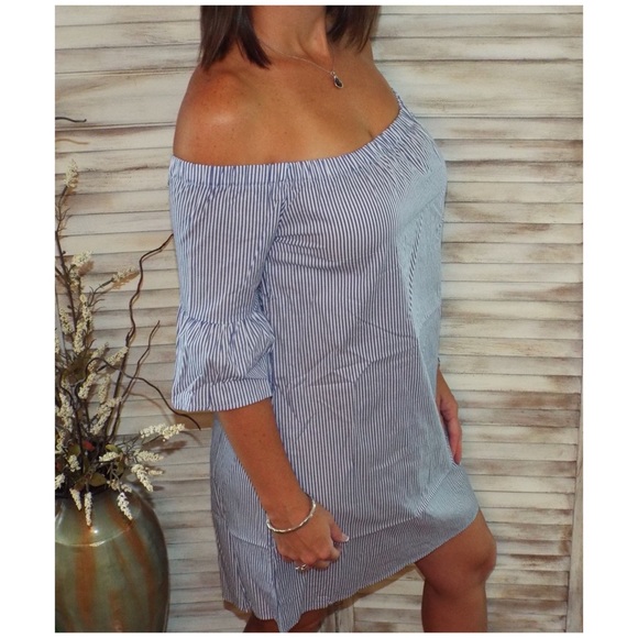 Off Shoulder Pin Striped Dress Blue White 1418 - Picture 8 of 8